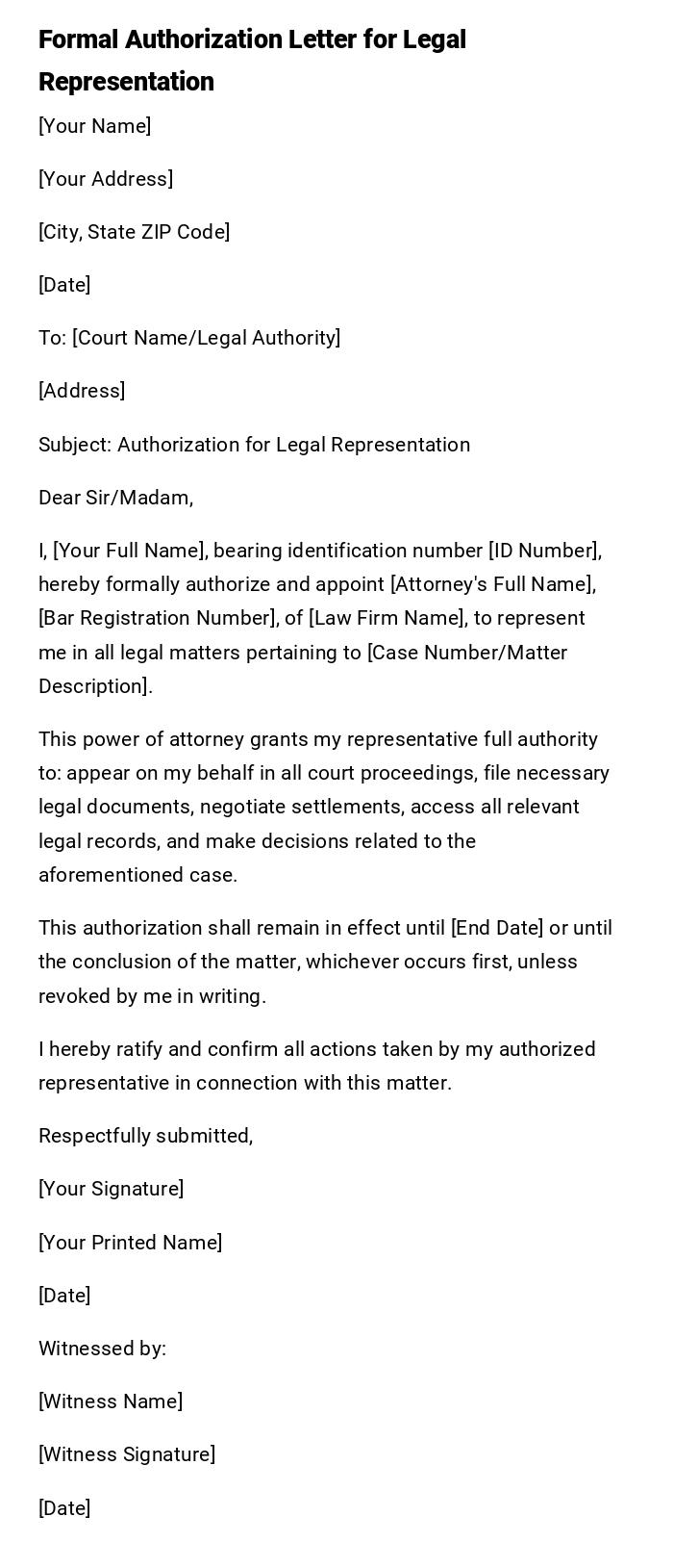 Formal Authorization Letter for Legal Representation Formal Authorization Letter for Legal Representation