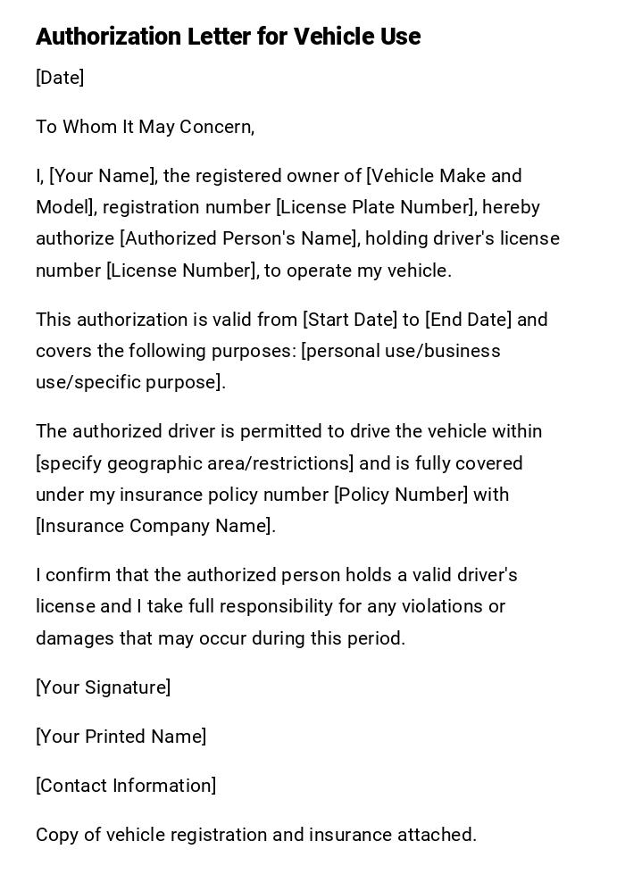 Authorization Letter for Vehicle Use Authorization Letter for Vehicle Use