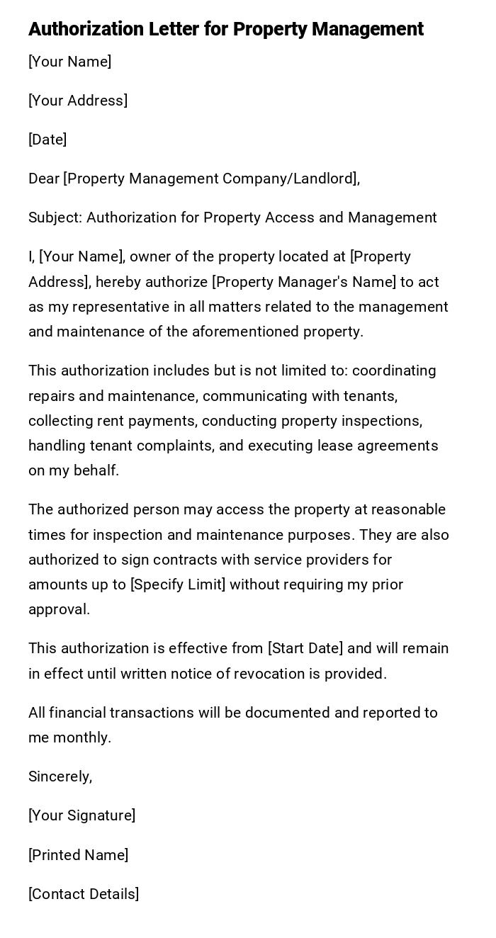 Authorization Letter for Property Management Authorization Letter for Property Management