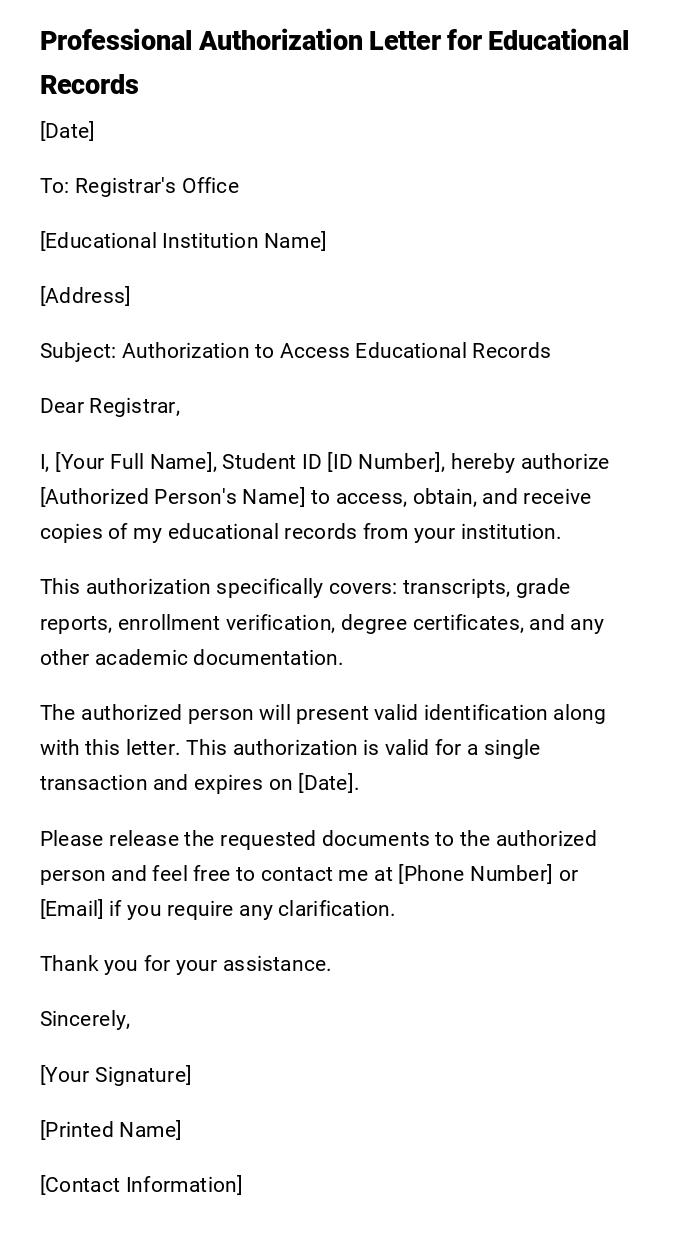 Professional Authorization Letter for Educational Records Professional Authorization Letter for Educational Records