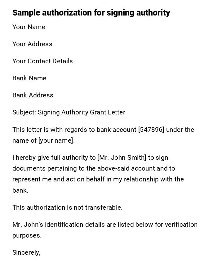 Sample authorization for signing authority Sample authorization for signing authority