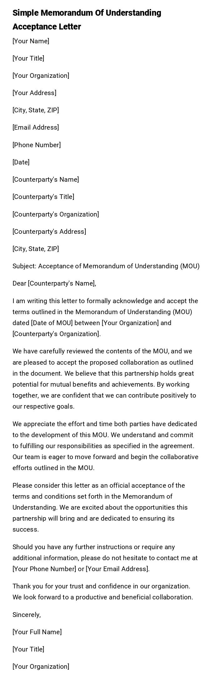 Simple Memorandum Of Understanding Acceptance Letter