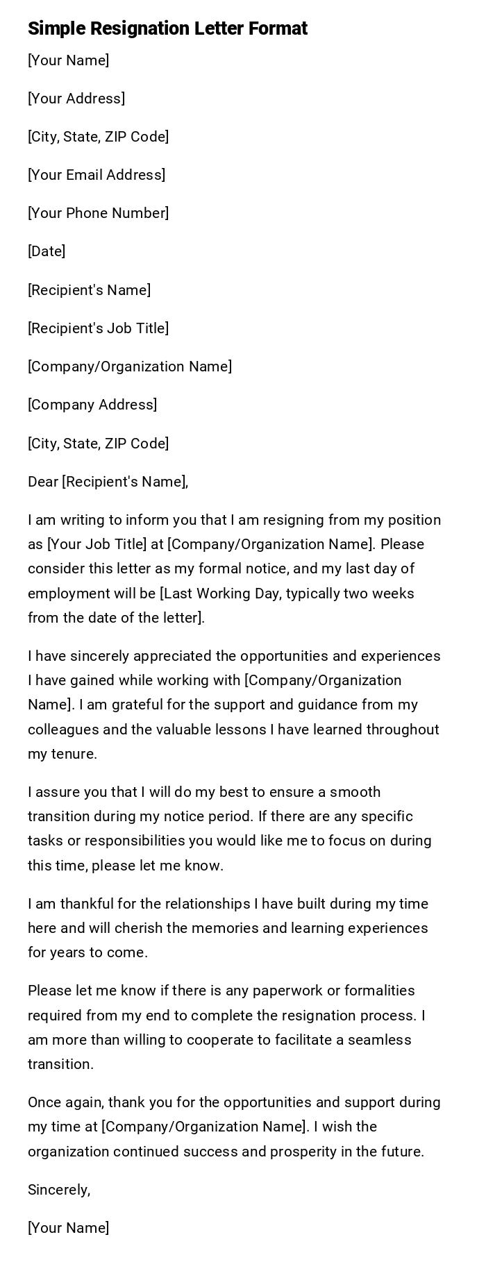 Simple Resignation Letter Format