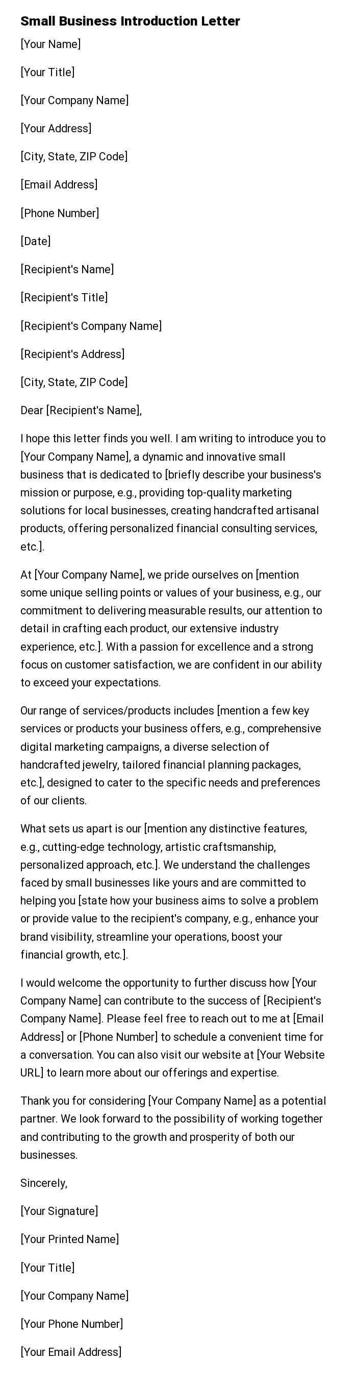 Small Business Introduction Letter