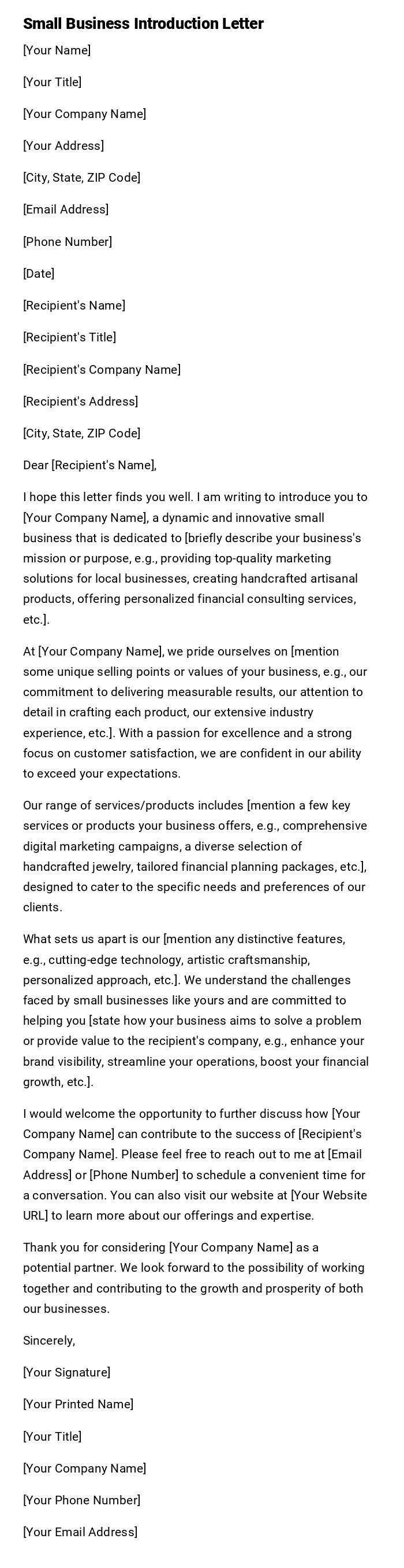 Small Business Introduction Letter