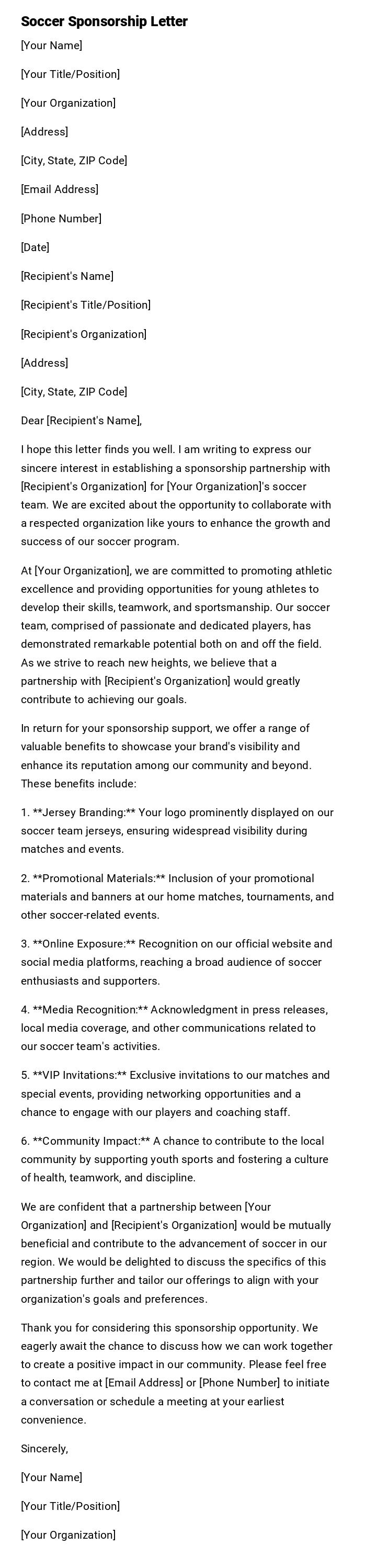 Soccer Sponsorship Letter