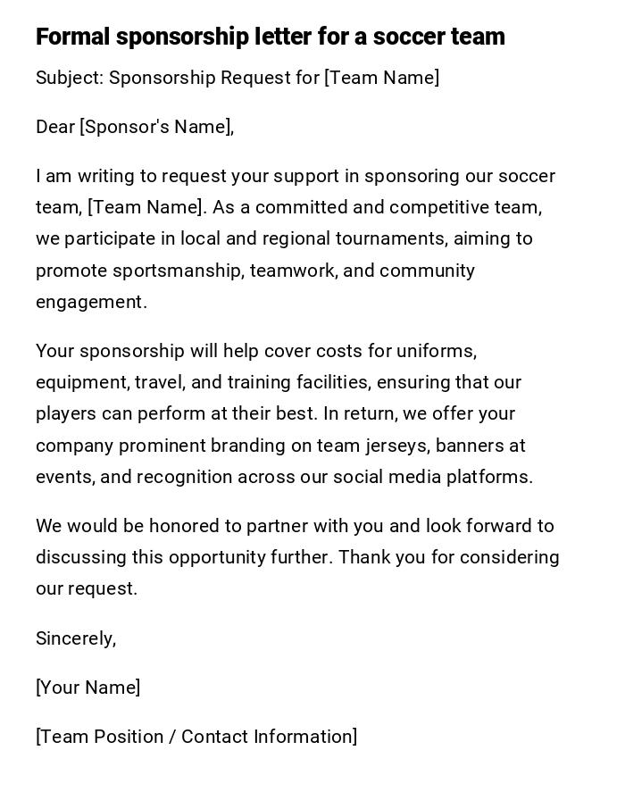 Formal sponsorship letter for a soccer team Formal sponsorship letter for a soccer team