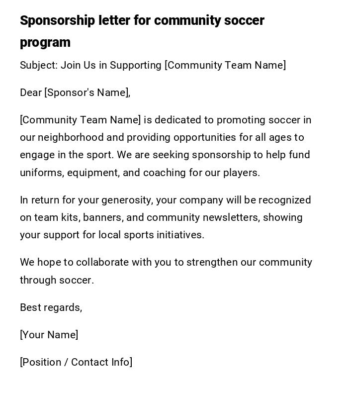Sponsorship letter for community soccer program Sponsorship letter for community soccer program