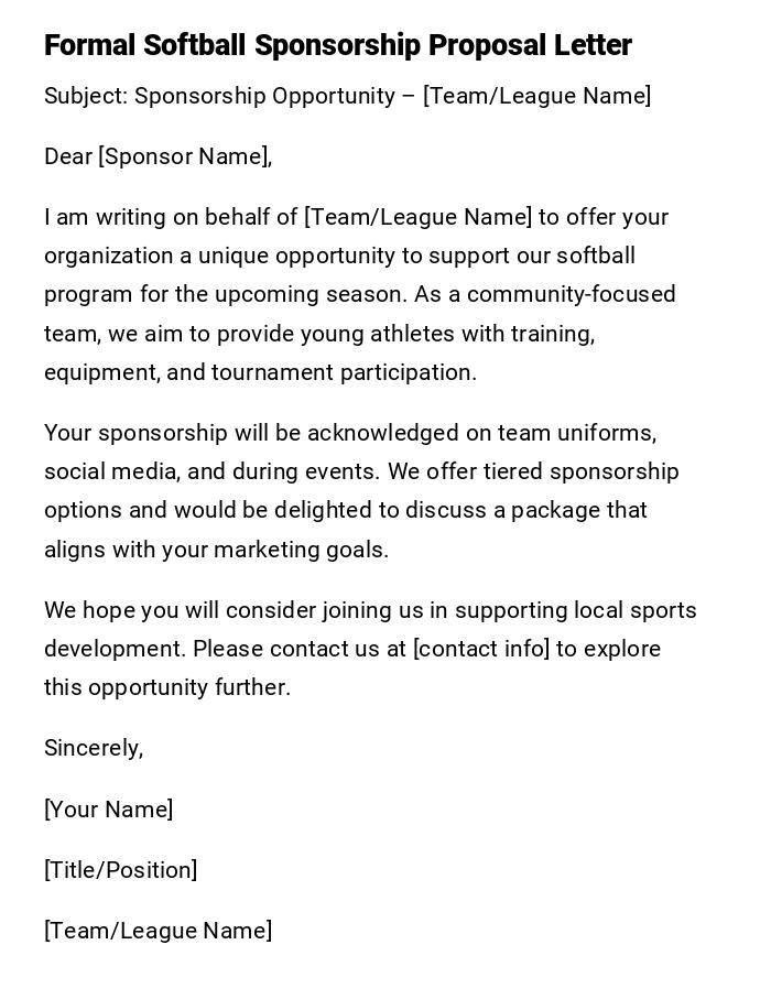 Formal Softball Sponsorship Proposal Letter Formal Softball Sponsorship Proposal Letter