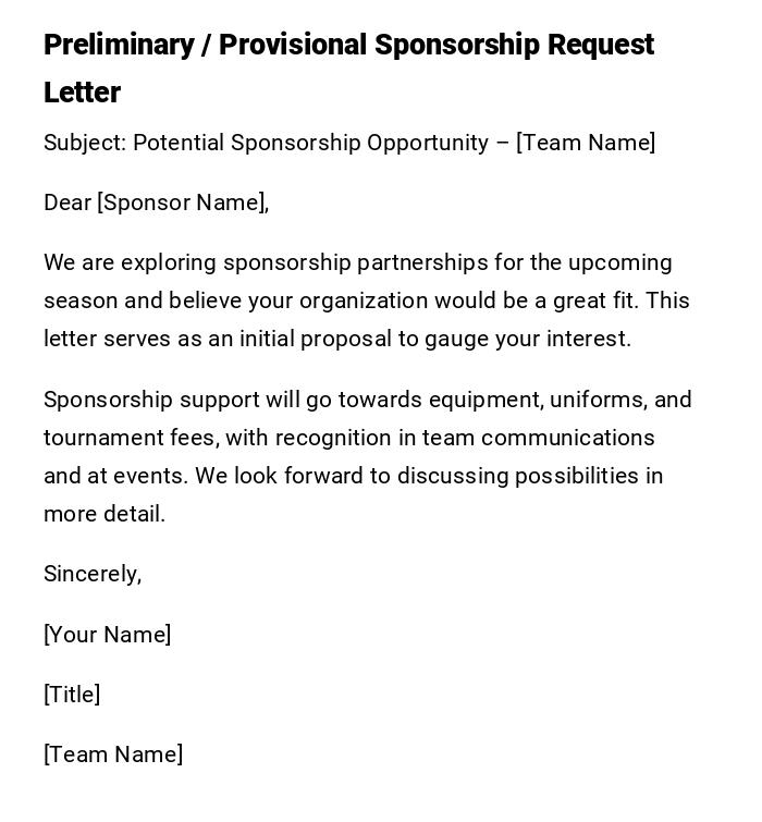 Preliminary / Provisional Sponsorship Request Letter Preliminary / Provisional Sponsorship Request Letter