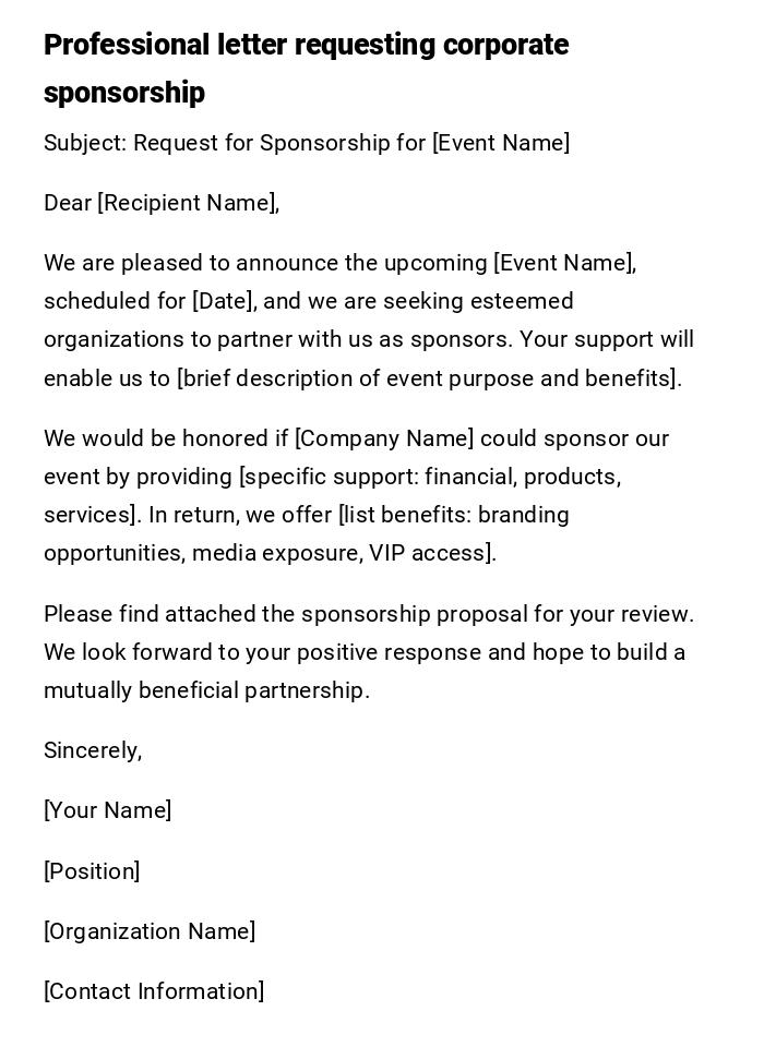 Professional letter requesting corporate sponsorship