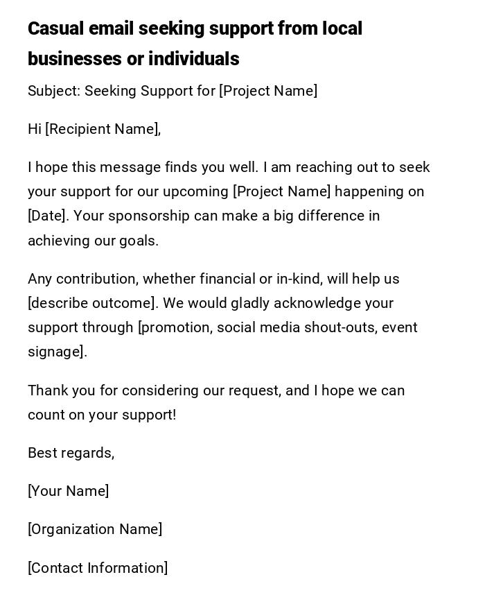 Casual email seeking support from local businesses or individuals