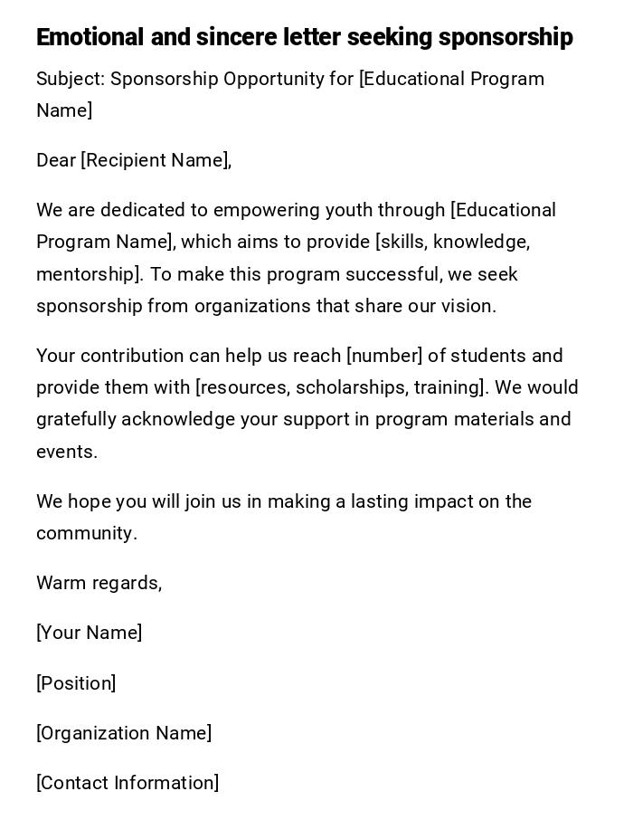 Emotional and sincere letter seeking sponsorship
