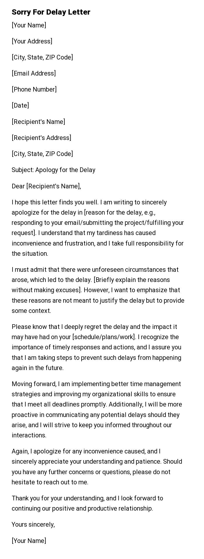 Sorry For Delay Letter