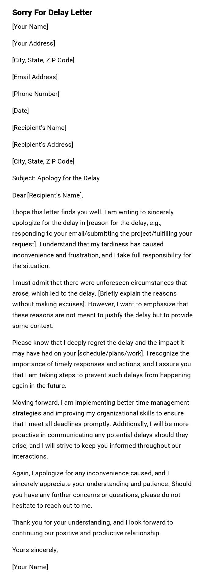 Sorry For Delay Letter