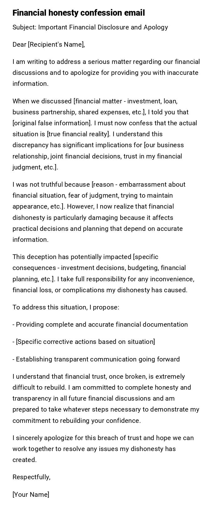 Financial honesty confession email Financial honesty confession email