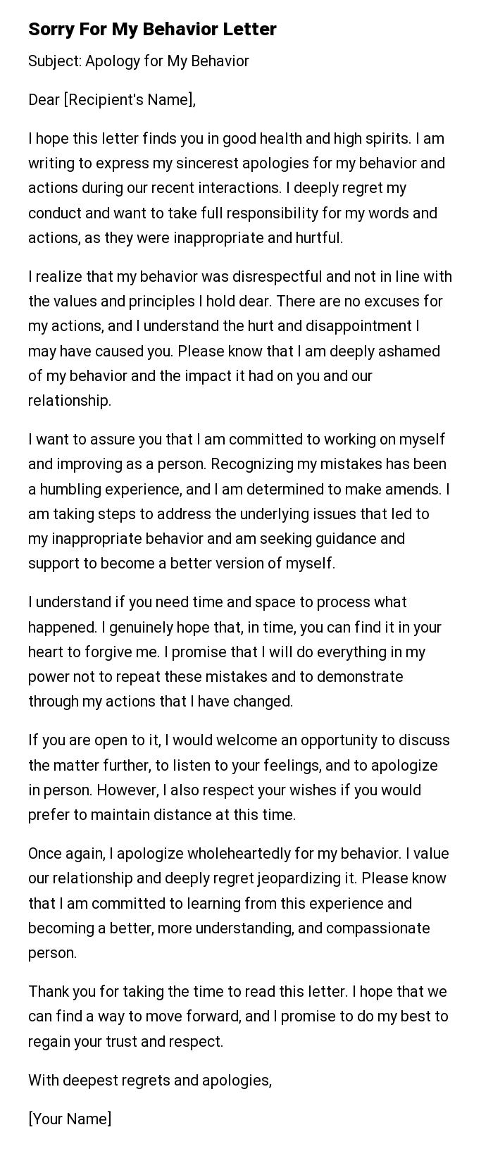 Sorry For My Behavior Letter