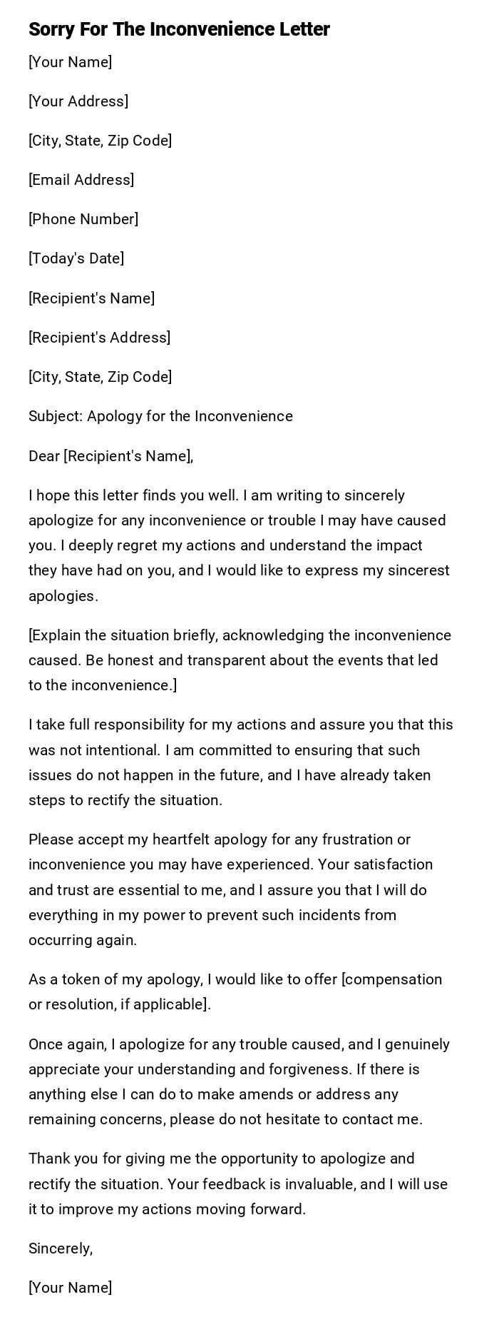 Sorry For The Inconvenience Letter Sorry For The Inconvenience Letter