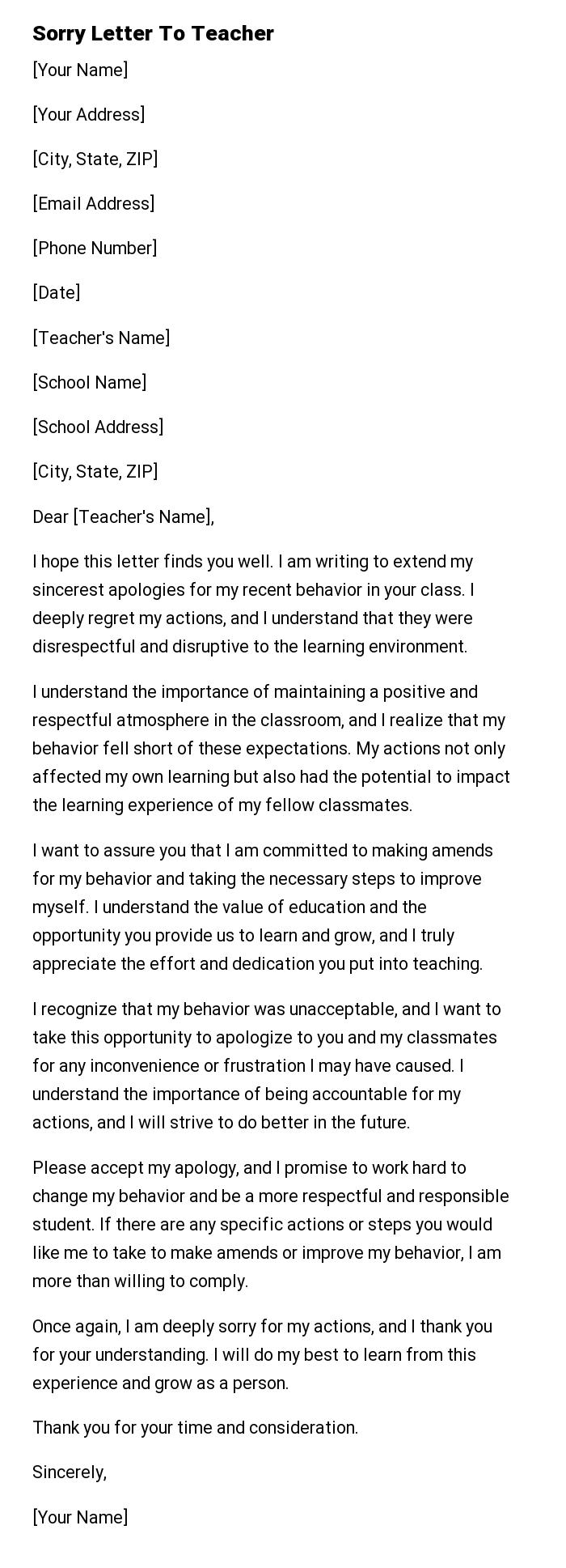 Sorry Letter To Teacher