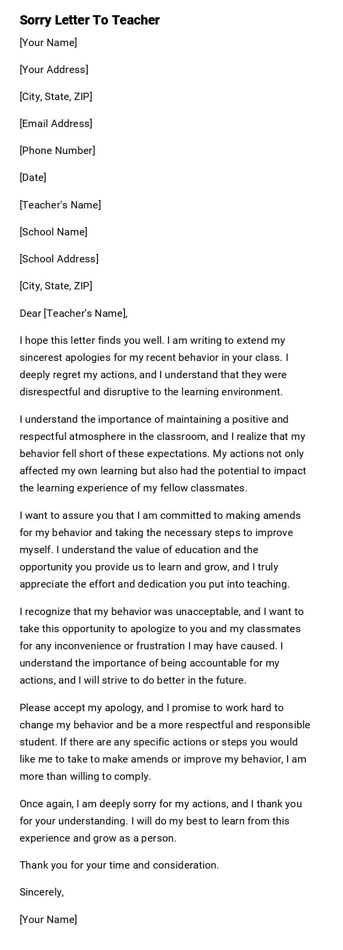 Sorry Letter To Teacher