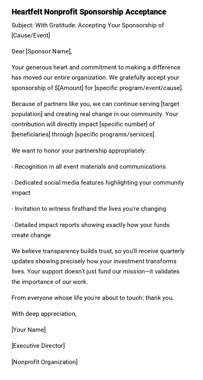 Heartfelt Nonprofit Sponsorship Acceptance