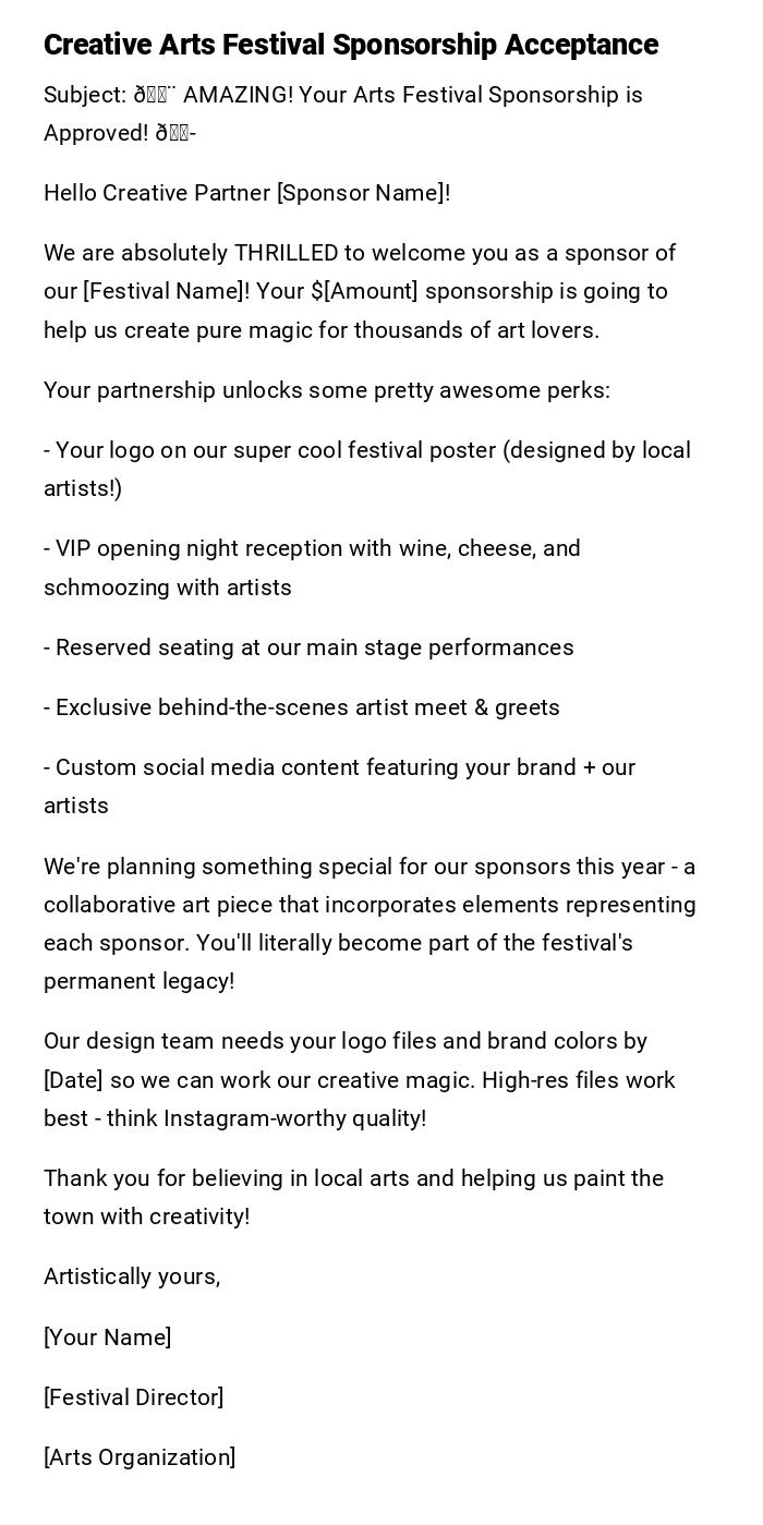 Creative Arts Festival Sponsorship Acceptance