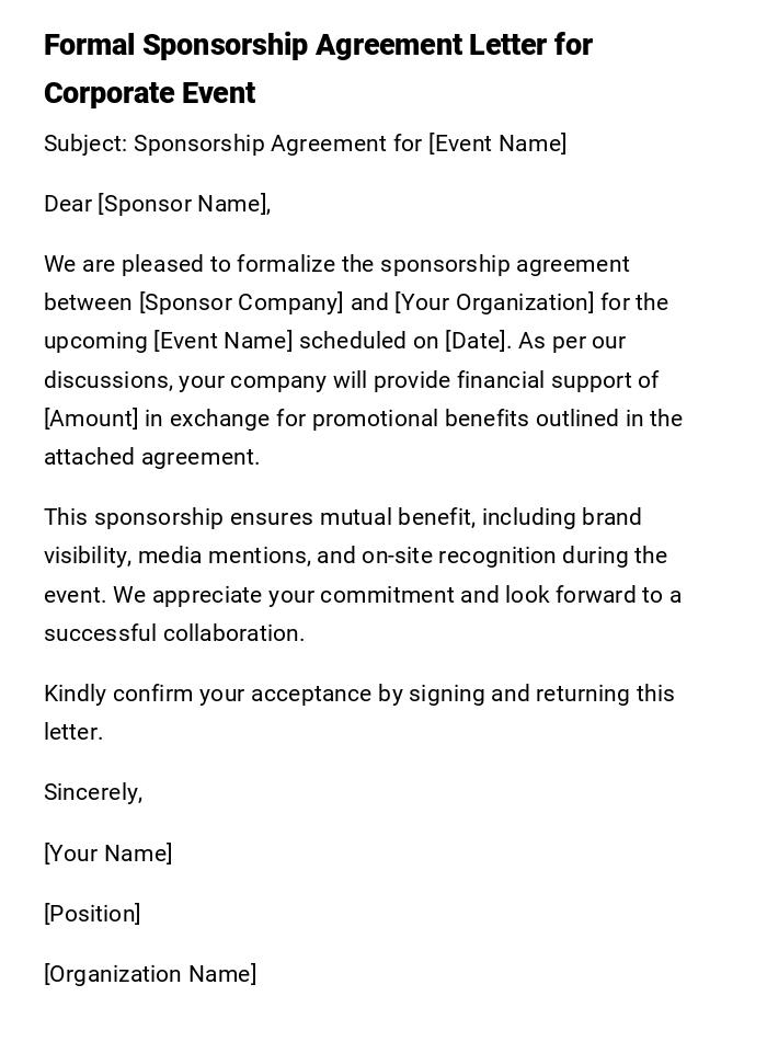 Formal Sponsorship Agreement Letter for Corporate Event