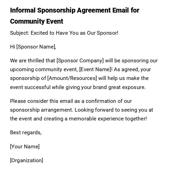Informal Sponsorship Agreement Email for Community Event