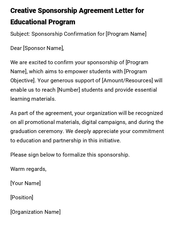 Creative Sponsorship Agreement Letter for Educational Program
