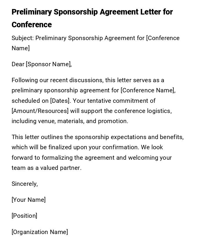 Preliminary Sponsorship Agreement Letter for Conference