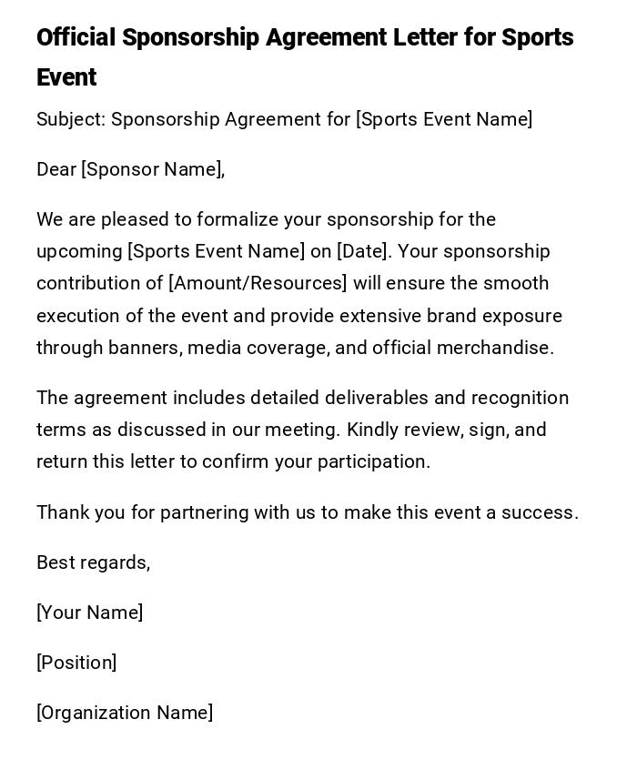 Official Sponsorship Agreement Letter for Sports Event