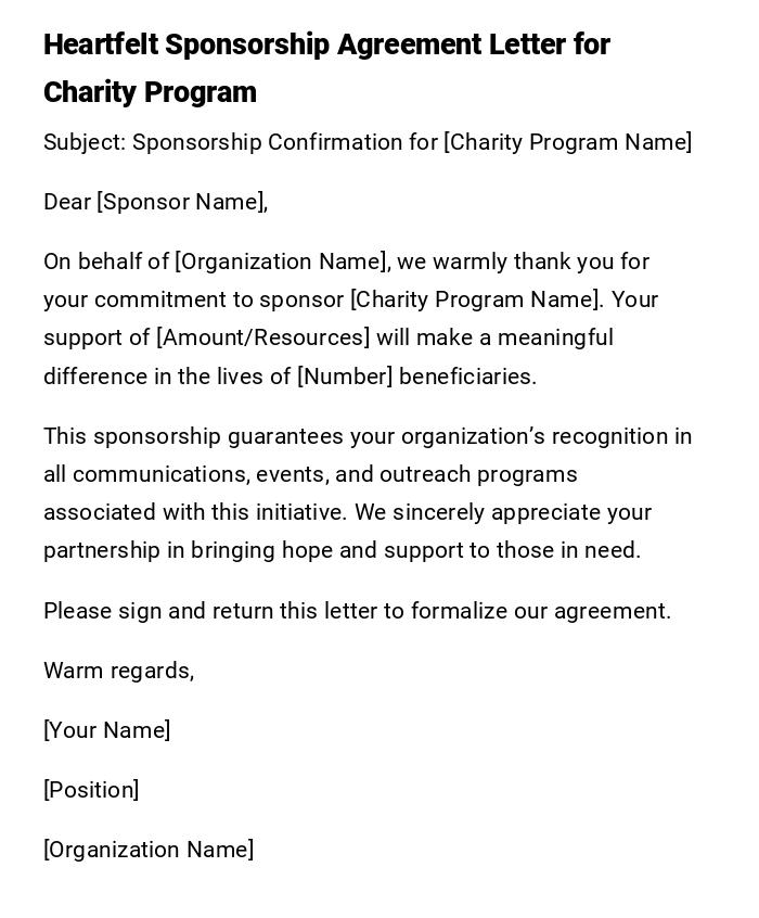 Heartfelt Sponsorship Agreement Letter for Charity Program
