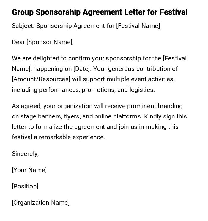 Group Sponsorship Agreement Letter for Festival