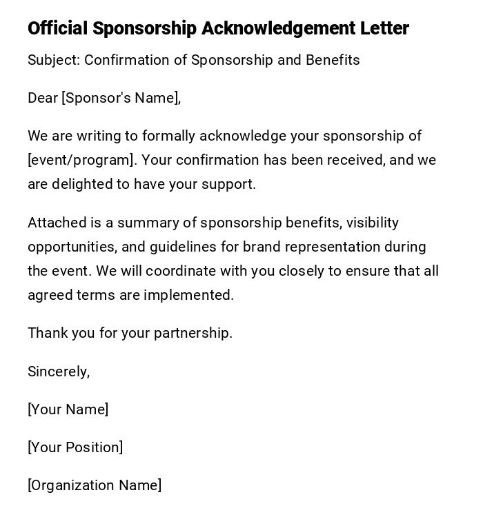 Official Sponsorship Acknowledgement Letter