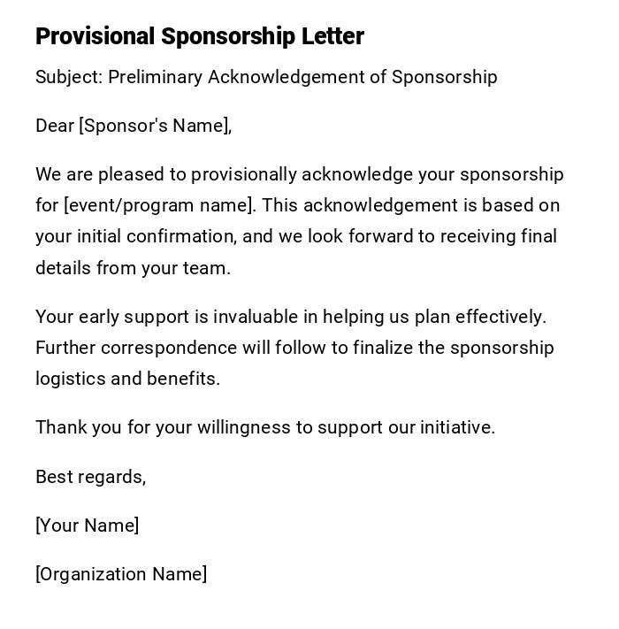 Provisional Sponsorship Letter