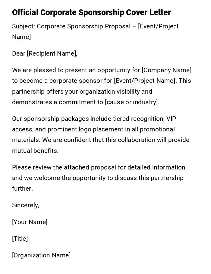 Official Corporate Sponsorship Cover Letter Official Corporate Sponsorship Cover Letter
