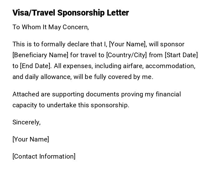 Visa/Travel Sponsorship Letter