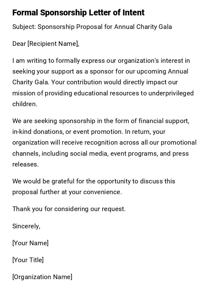 Formal Sponsorship Letter of Intent Formal Sponsorship Letter of Intent