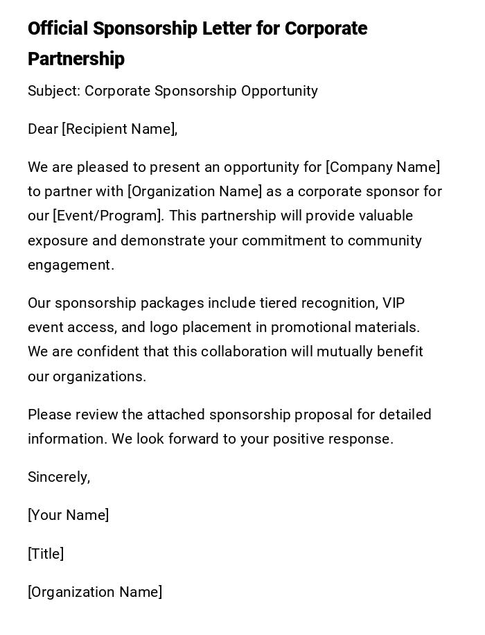 Official Sponsorship Letter for Corporate Partnership Official Sponsorship Letter for Corporate Partnership