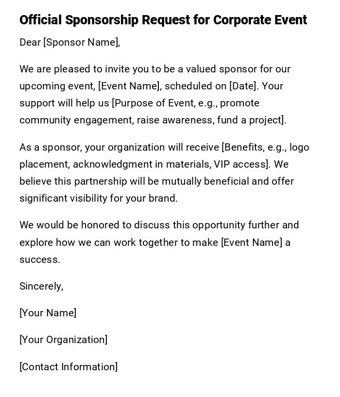 Official Sponsorship Request for Corporate Event Official Sponsorship Request for Corporate Event