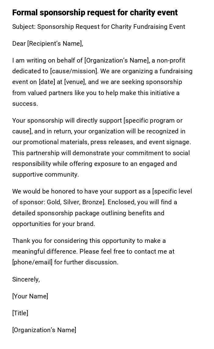Formal sponsorship request for charity event Formal sponsorship request for charity event