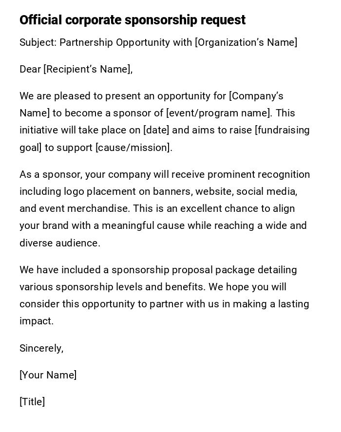 Official corporate sponsorship request Official corporate sponsorship request