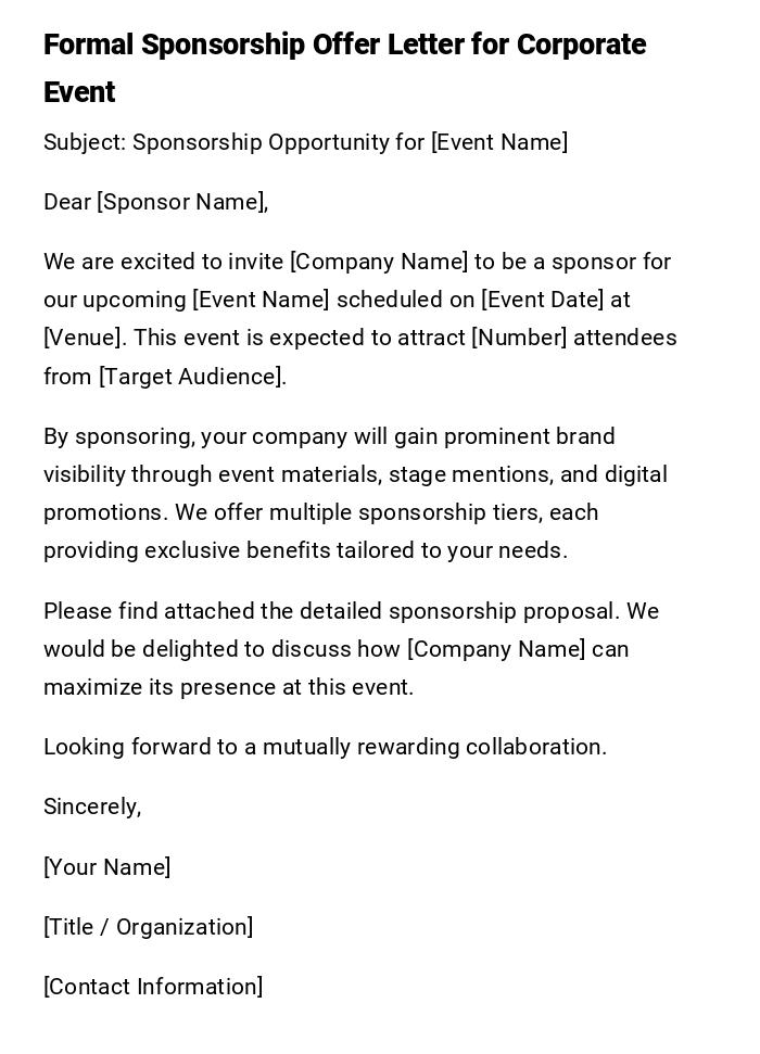 Formal Sponsorship Offer Letter for Corporate Event Formal Sponsorship Offer Letter for Corporate Event