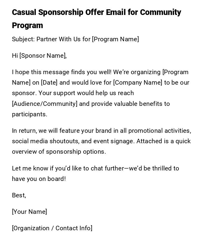Casual Sponsorship Offer Email for Community Program Casual Sponsorship Offer Email for Community Program