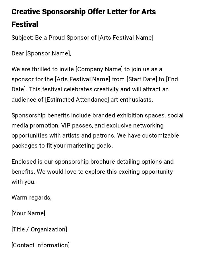 Creative Sponsorship Offer Letter for Arts Festival Creative Sponsorship Offer Letter for Arts Festival