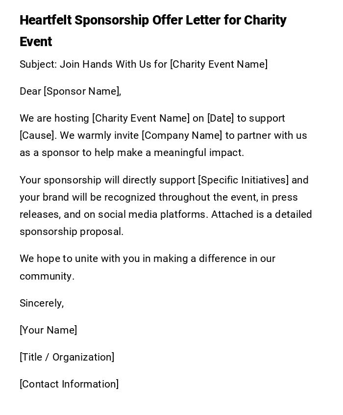 Heartfelt Sponsorship Offer Letter for Charity Event Heartfelt Sponsorship Offer Letter for Charity Event