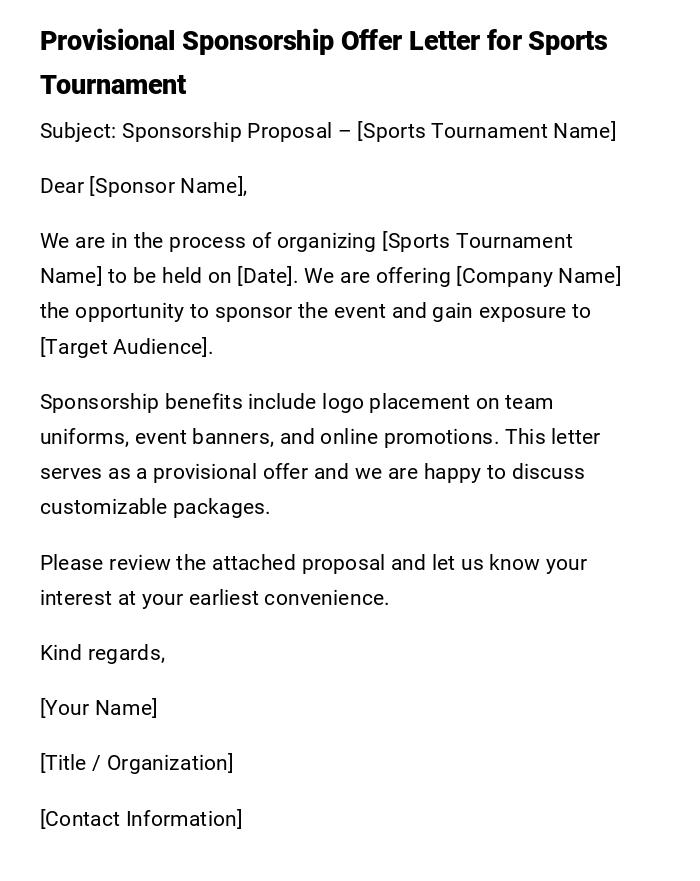 Provisional Sponsorship Offer Letter for Sports Tournament Provisional Sponsorship Offer Letter for Sports Tournament