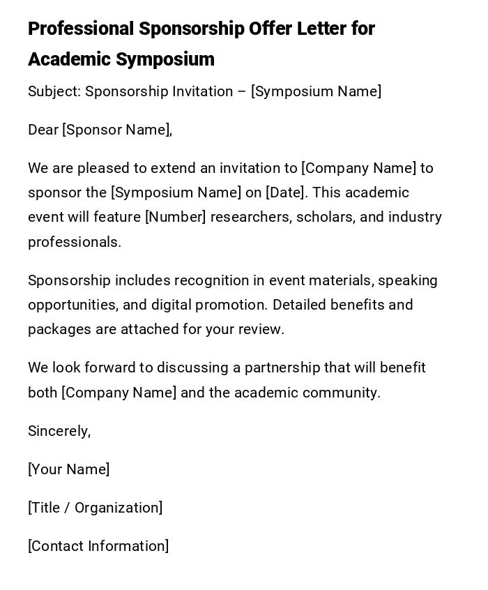 Professional Sponsorship Offer Letter for Academic Symposium Professional Sponsorship Offer Letter for Academic Symposium