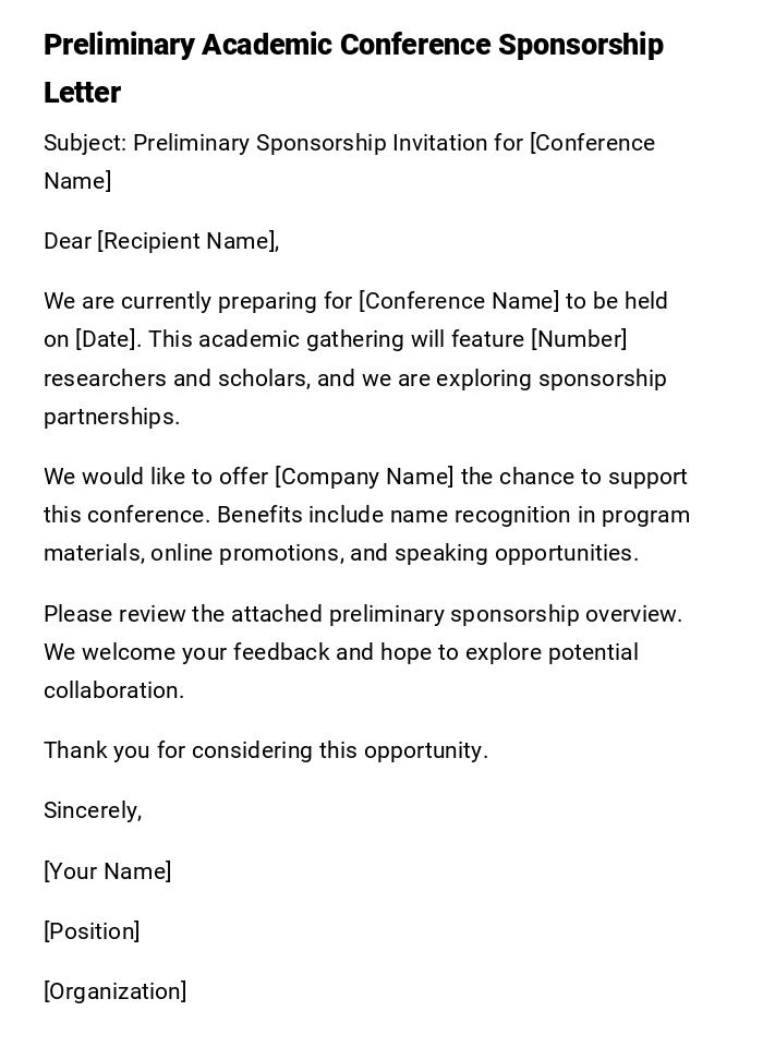 Preliminary Academic Conference Sponsorship Letter