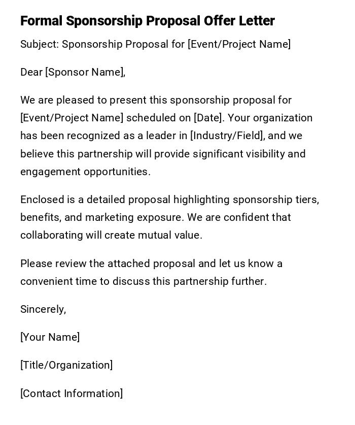 Formal Sponsorship Proposal Offer Letter Formal Sponsorship Proposal Offer Letter